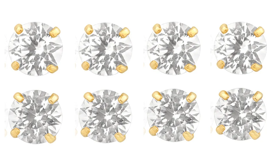 18k Yellow Gold Plated 4mm 2Ct Round White Sapphire Set Of Four Stud Earrings