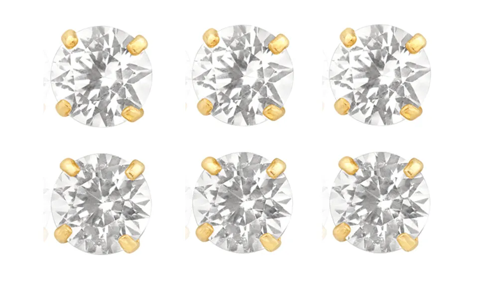 18k Yellow Gold Plated 4mm 2Ct Round White Sapphire Set Of Three Stud Earrings