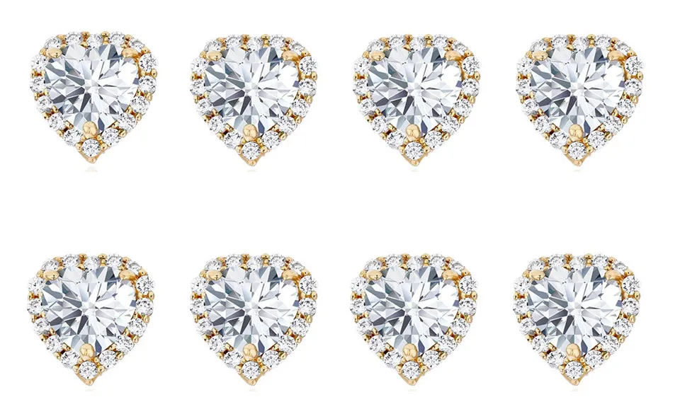 18k Yellow Gold Plated 4mm 3Ct Heart White Sapphire Set of Four Halo Stud Earrings