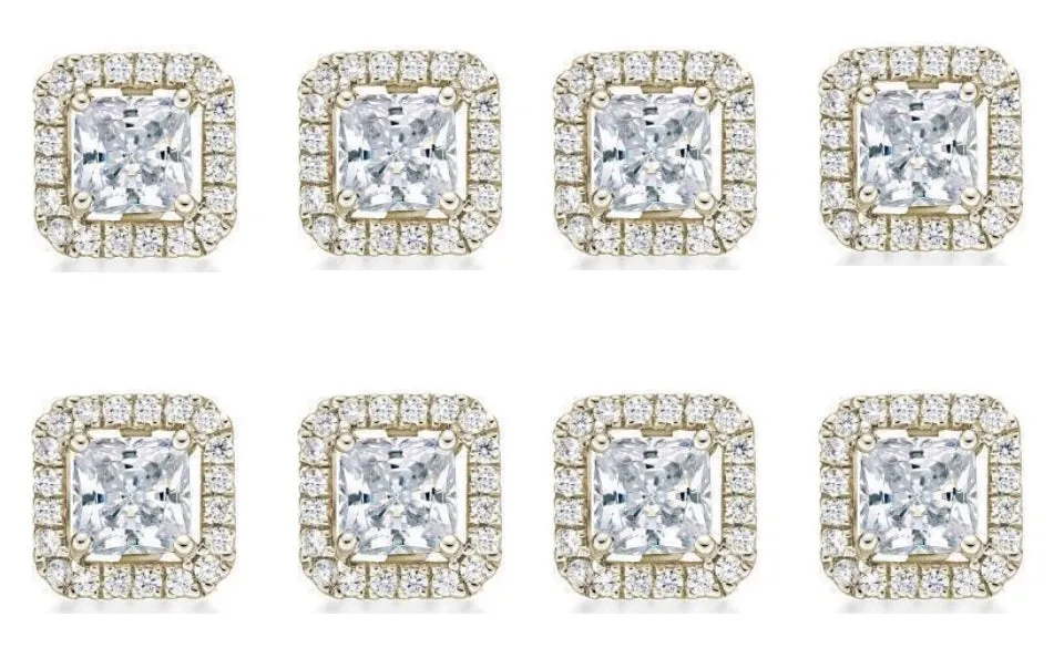 18k Yellow Gold Plated 4mm 4Ct Princess Cut White Sapphire Set of Four Halo Stud Earrings
