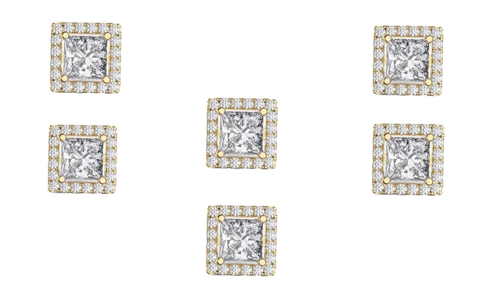 18k Yellow Gold Plated 6mm 1Ct Square Cut White Sapphire Set of Three Halo Stud Earrings