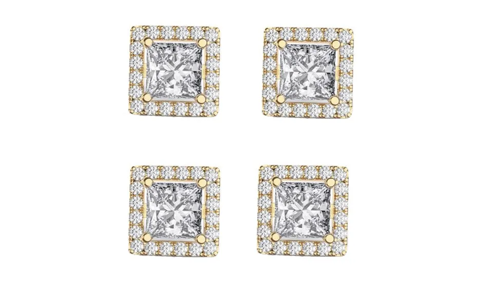 18k Yellow Gold Plated 6mm 3Ct Square Cut White Sapphire Set of Two Halo Stud Earrings
