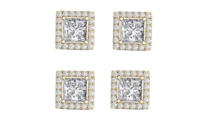 18k Yellow Gold Plated 6mm 3Ct Square Cut White Sapphire Set of Two Halo Stud Earrings