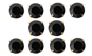 18k Yellow Gold Plated Created Black Sapphire 3 Carat Round Pack of Five Stud Earrings