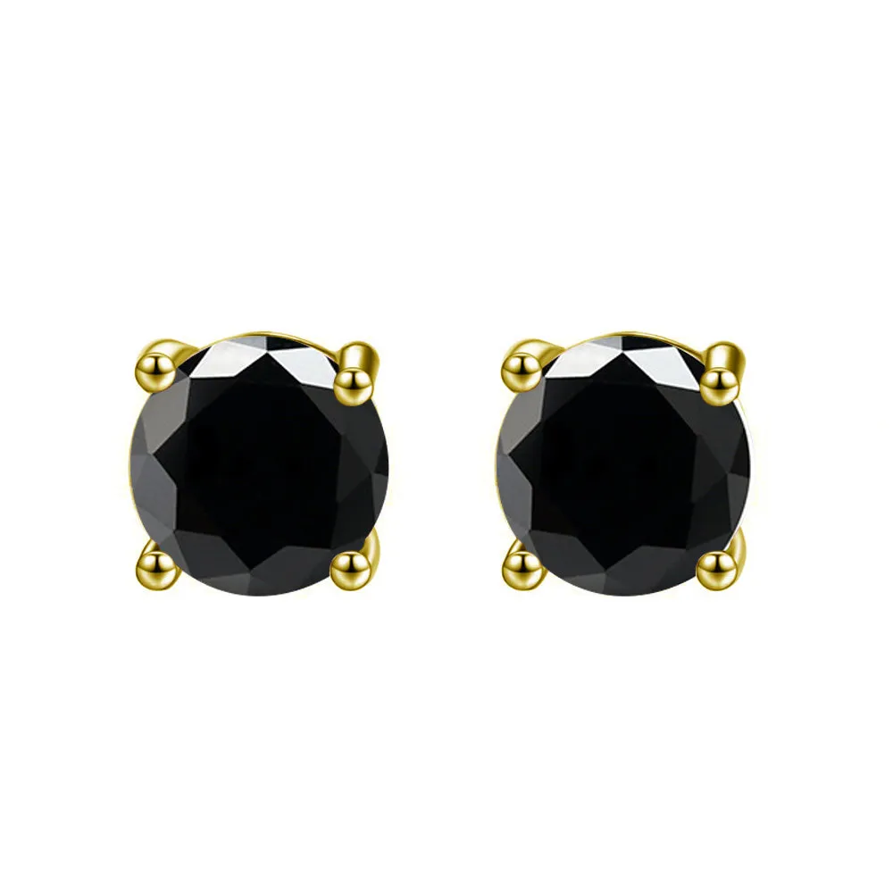 18k Yellow Gold Plated Created Black Sapphire 3 Carat Round Stud Earrings