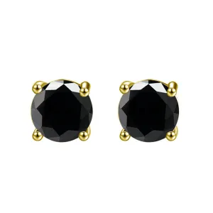 18k Yellow Gold Plated Created Black Sapphire 3 Carat Round Stud Earrings