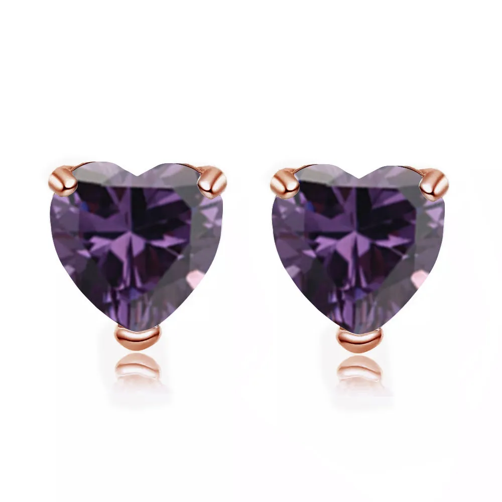 24k Rose Gold Plated 1 Carat Heart Created Amethyst Sapphire Stud Earrings
