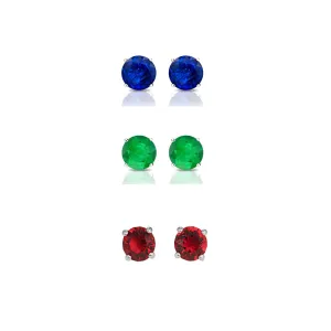 24k White Gold Plated 2Ct Created Blue Sapphire, Emerald and Ruby 3 Pair Round Stud Earrings