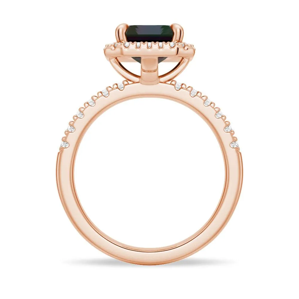3 CT. Emerald Cut Alexandrite Engagement Ring With Moissanite Halo Pavé