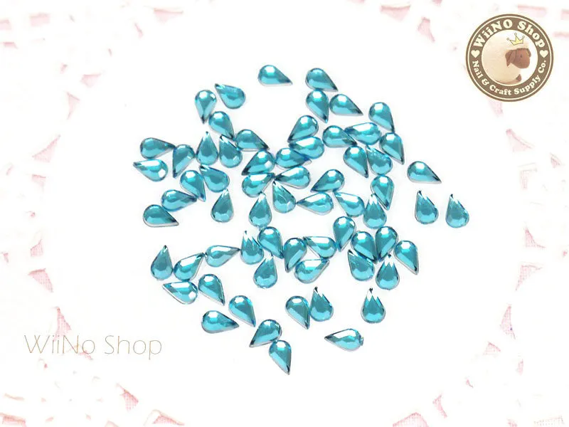 5 x 3mm Blue Aquamarine Drop Flat Back Acrylic Rhinestone Nail Art - 100 pcs