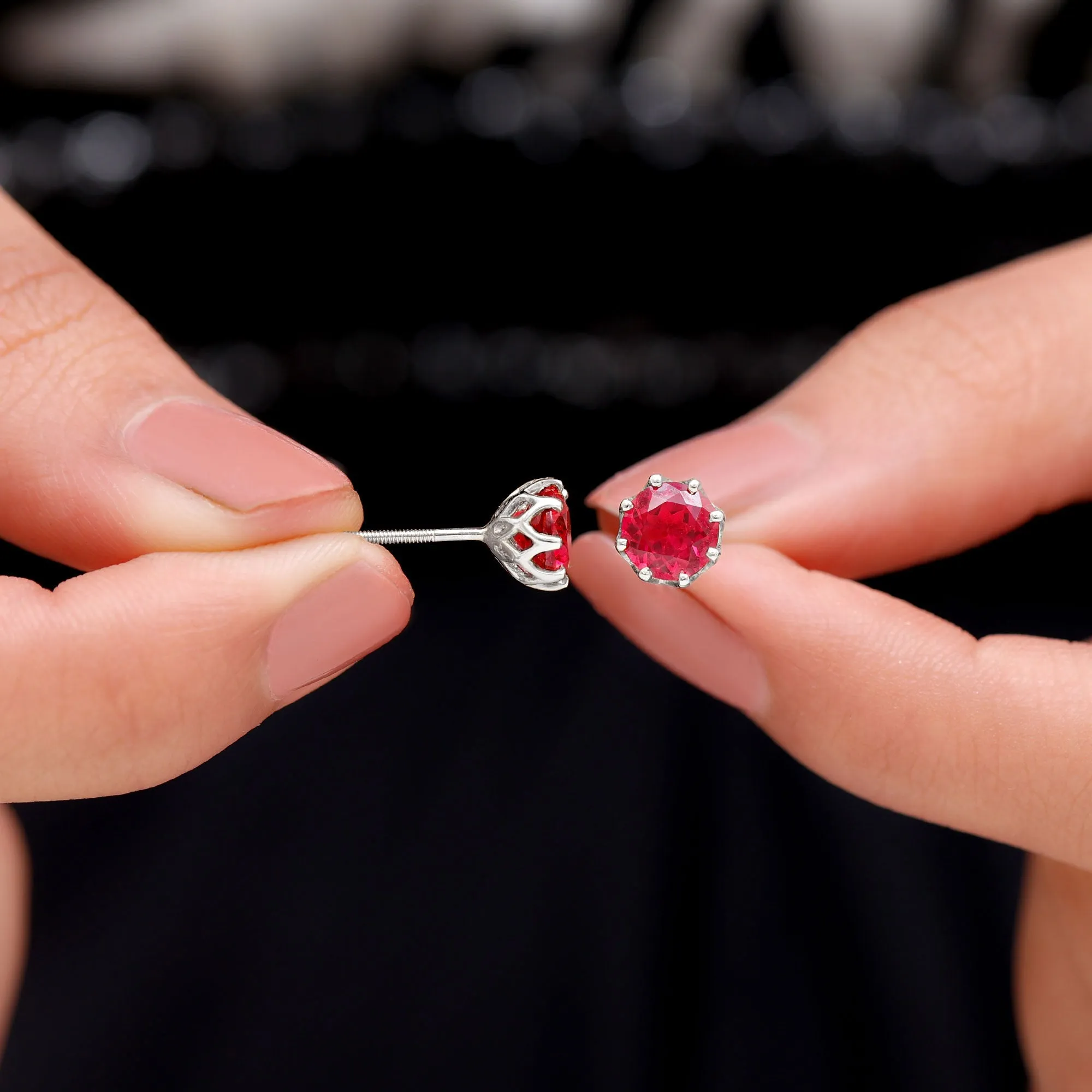 6 MM Decorative Created Ruby Solitaire Stud Earrings