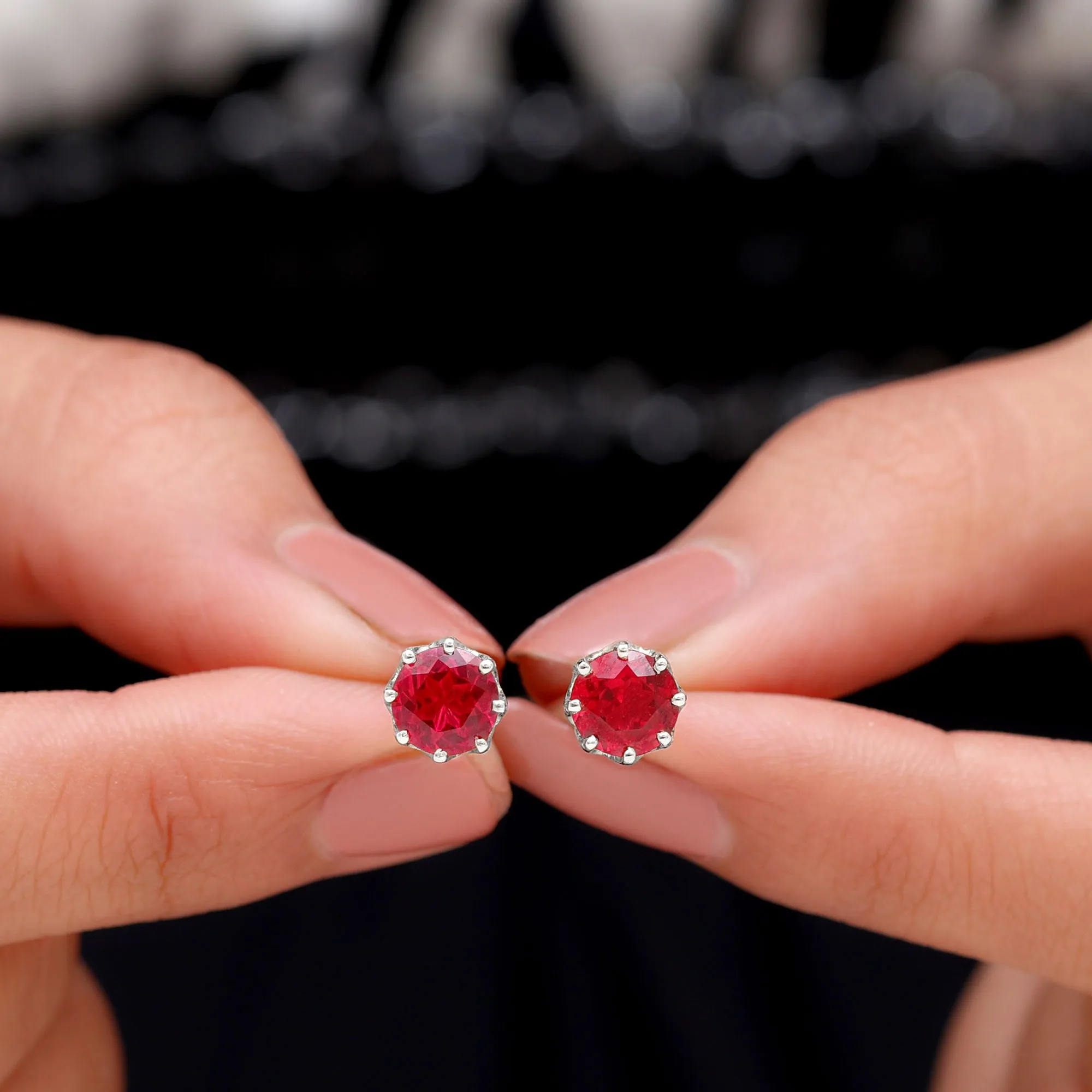 6 MM Decorative Created Ruby Solitaire Stud Earrings