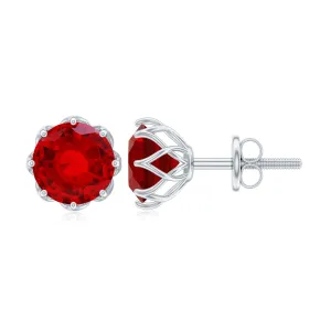 6 MM Decorative Created Ruby Solitaire Stud Earrings