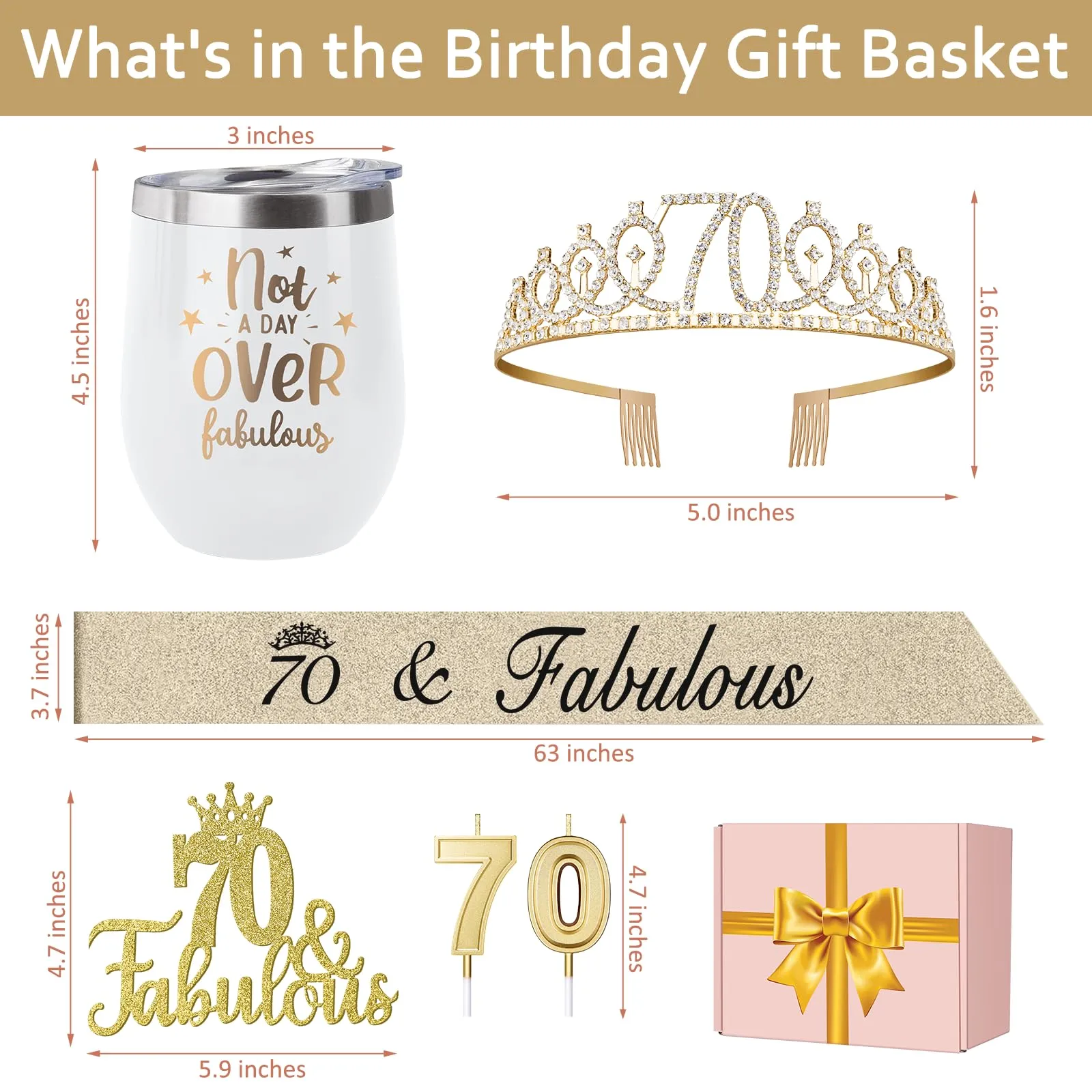 70th Birthday Decorations Gifts for Women Including 12oz Wine Tumbler Coffee Mug, 70th Birthday Crown and Sash, 70 Birthday Candles and Cake Topper, 70th Birthday Gifts Idea (Gold White)