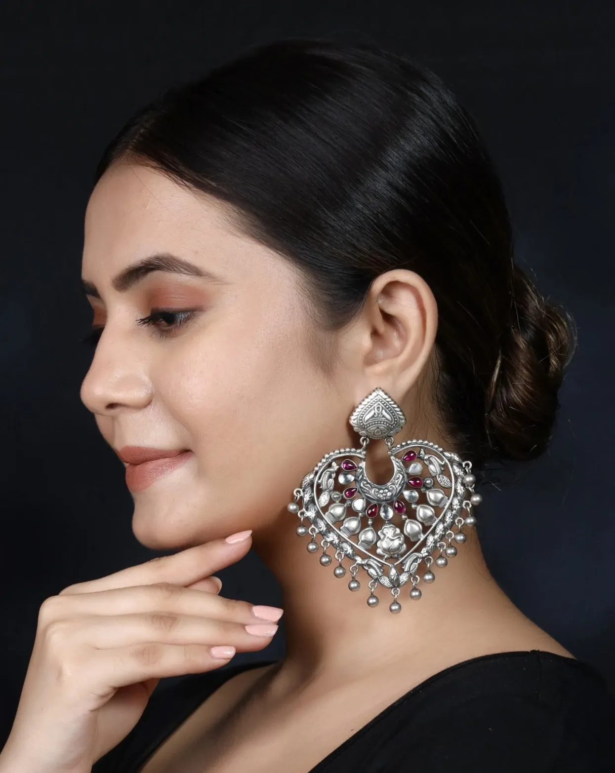 925 Silver Ganpati Handmade Earring With Ruby Color and Silver Ball Hanging
