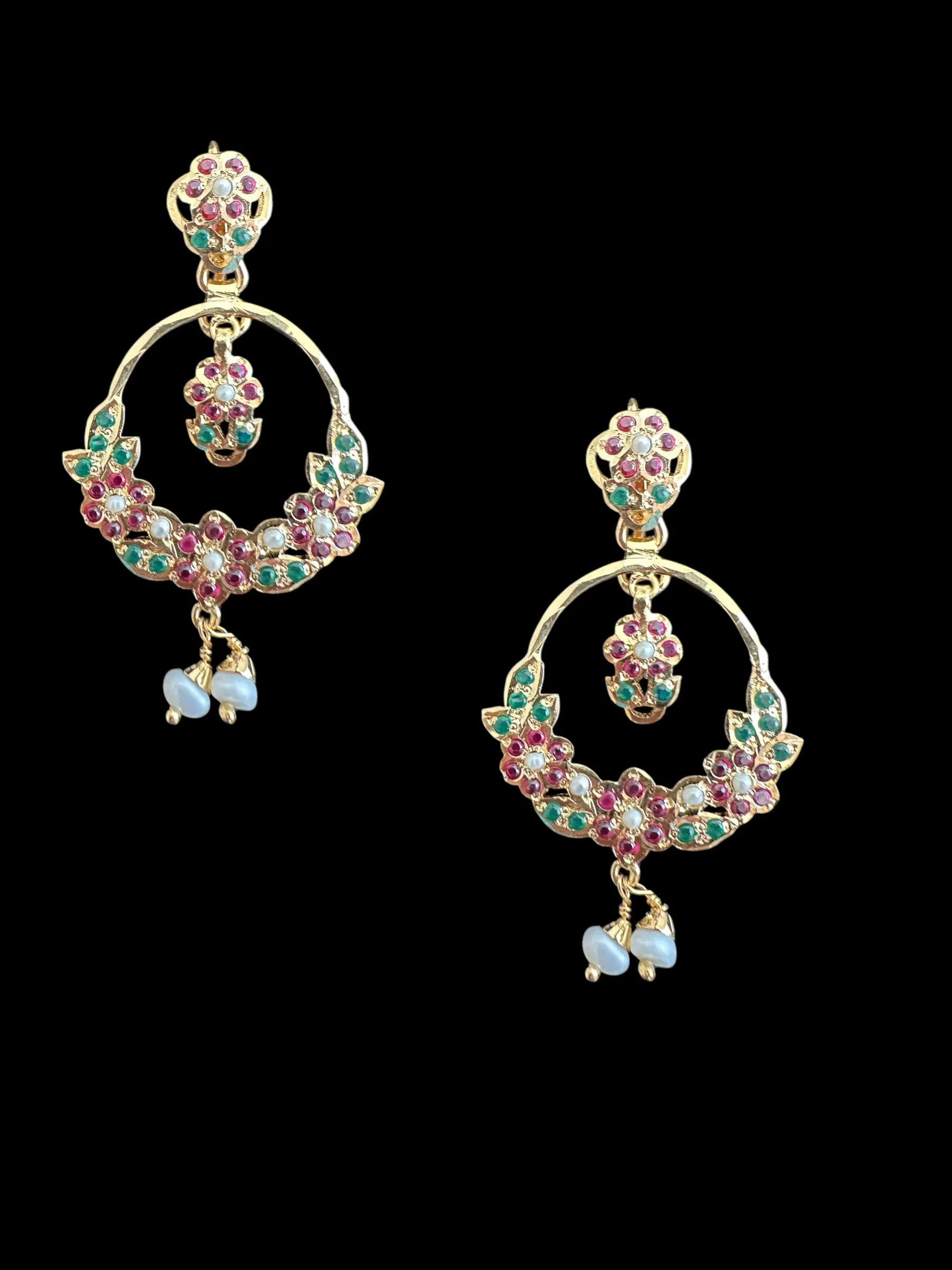 92.5 silver gold plated Chandbali earrings in ruby emerlad  ( READY TO SHIP )