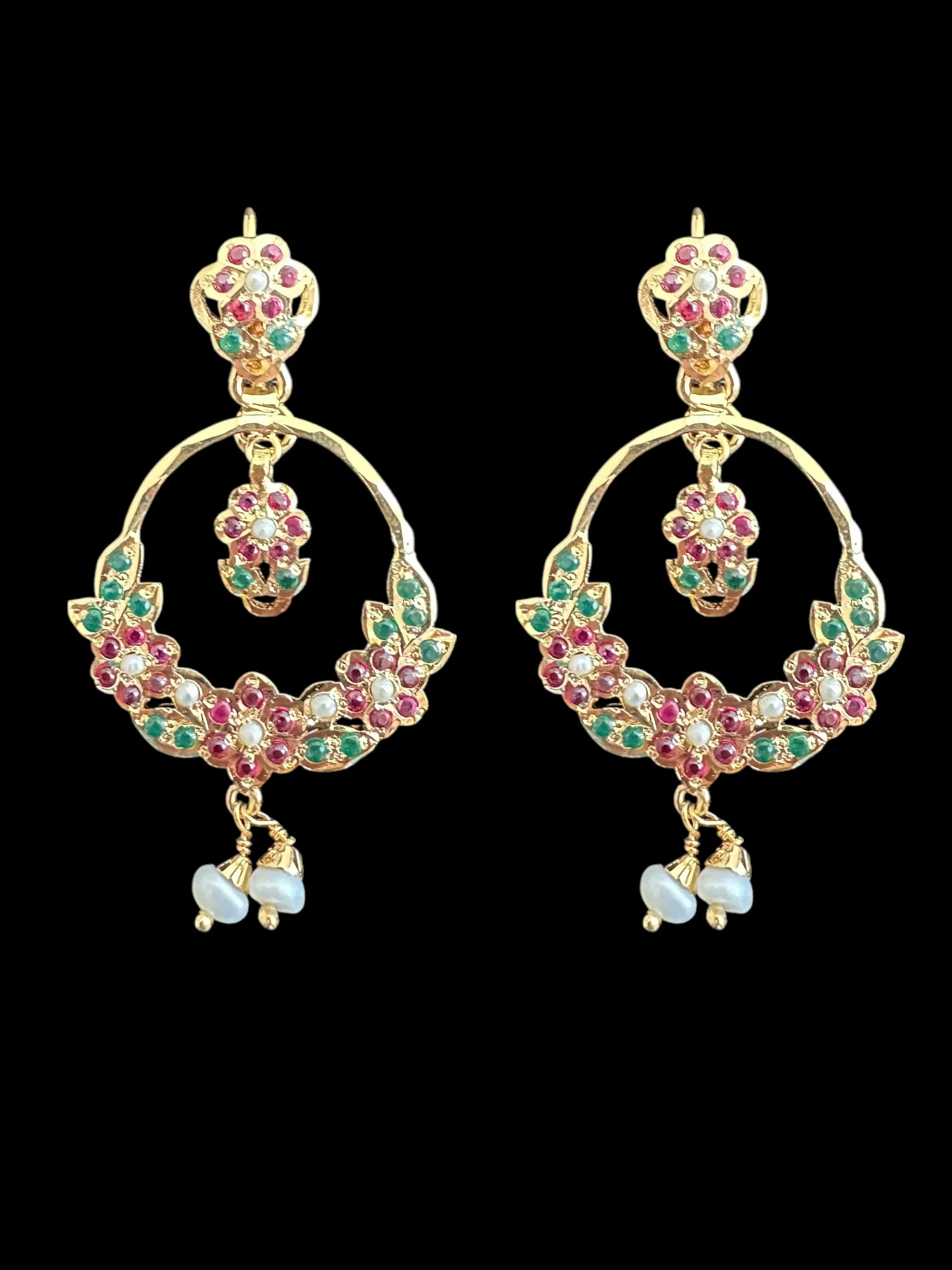 92.5 silver gold plated Chandbali earrings in ruby emerlad  ( READY TO SHIP )