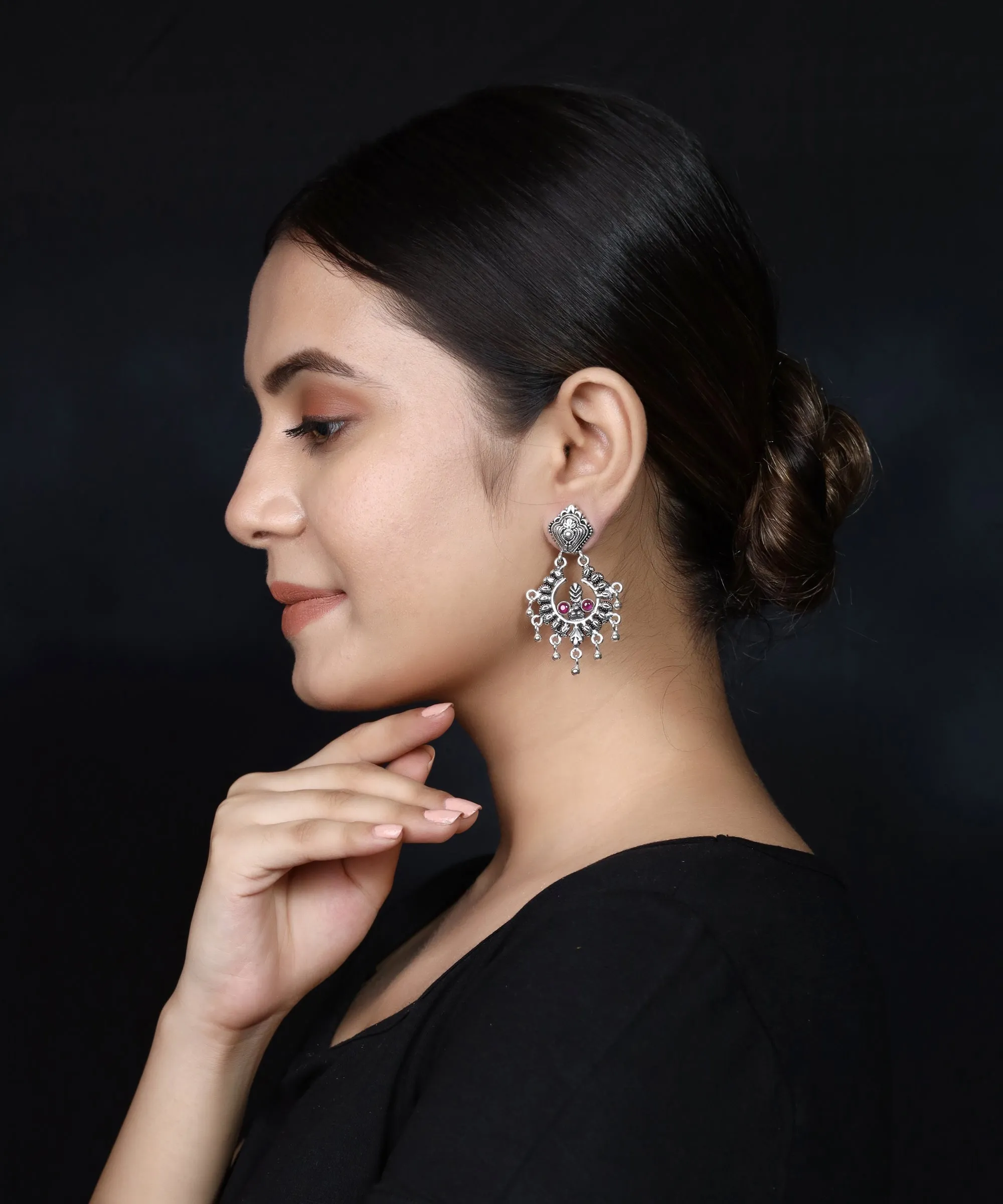925 Silver Handmade Earring with Ruby Color and Silver Ball Hanging