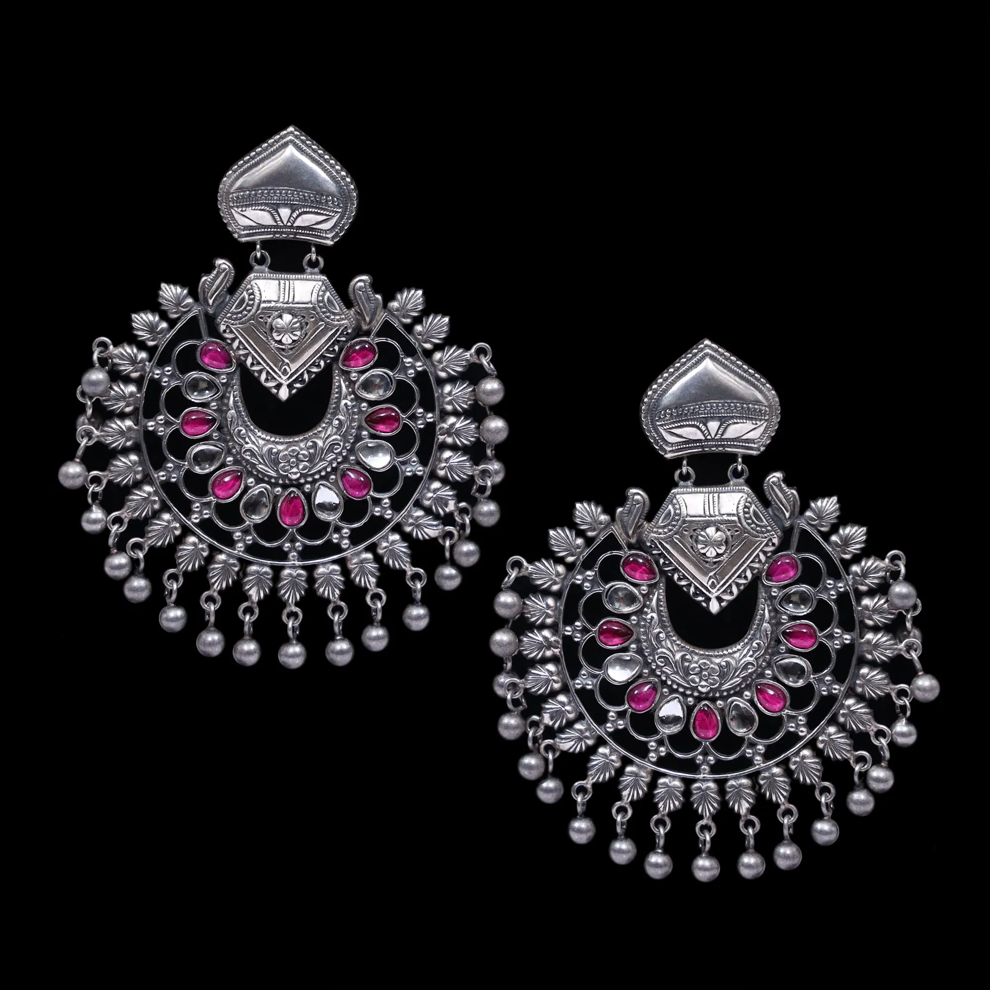 925 Silver Handmade Earring With Ruby Color and Silver Ball Hanging