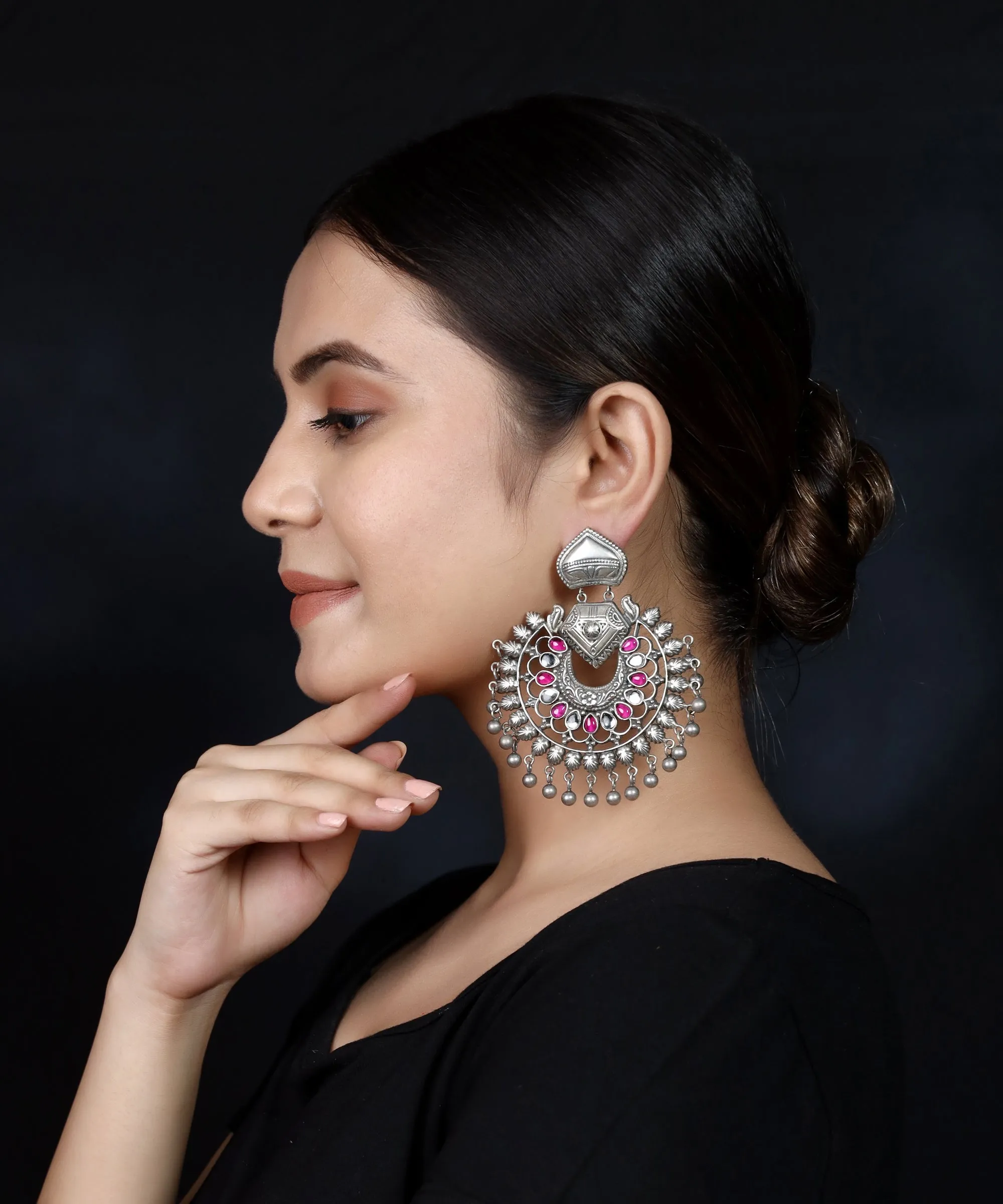 925 Silver Handmade Earring With Ruby Color and Silver Ball Hanging