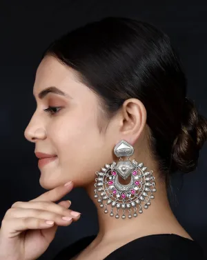 925 Silver Handmade Earring With Ruby Color and Silver Ball Hanging