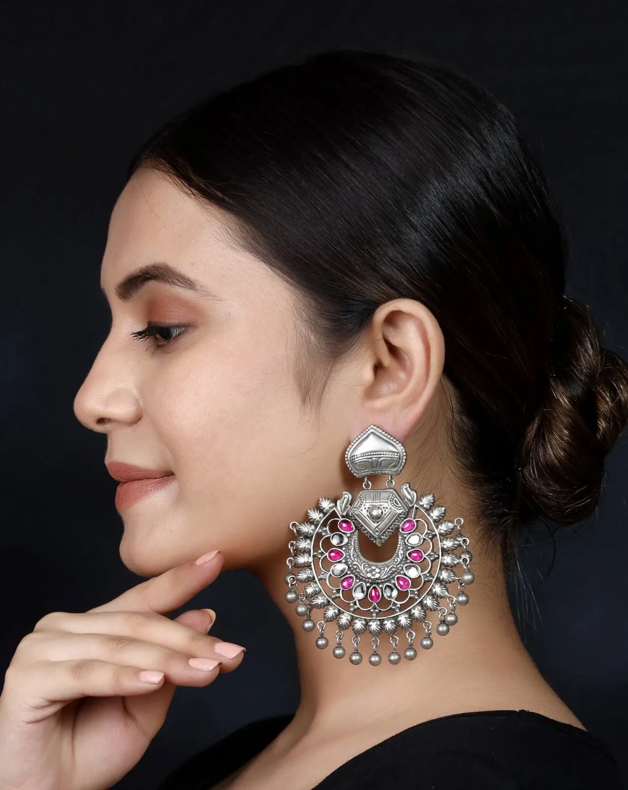 925 Silver Handmade Earring With Ruby Color and Silver Ball Hanging