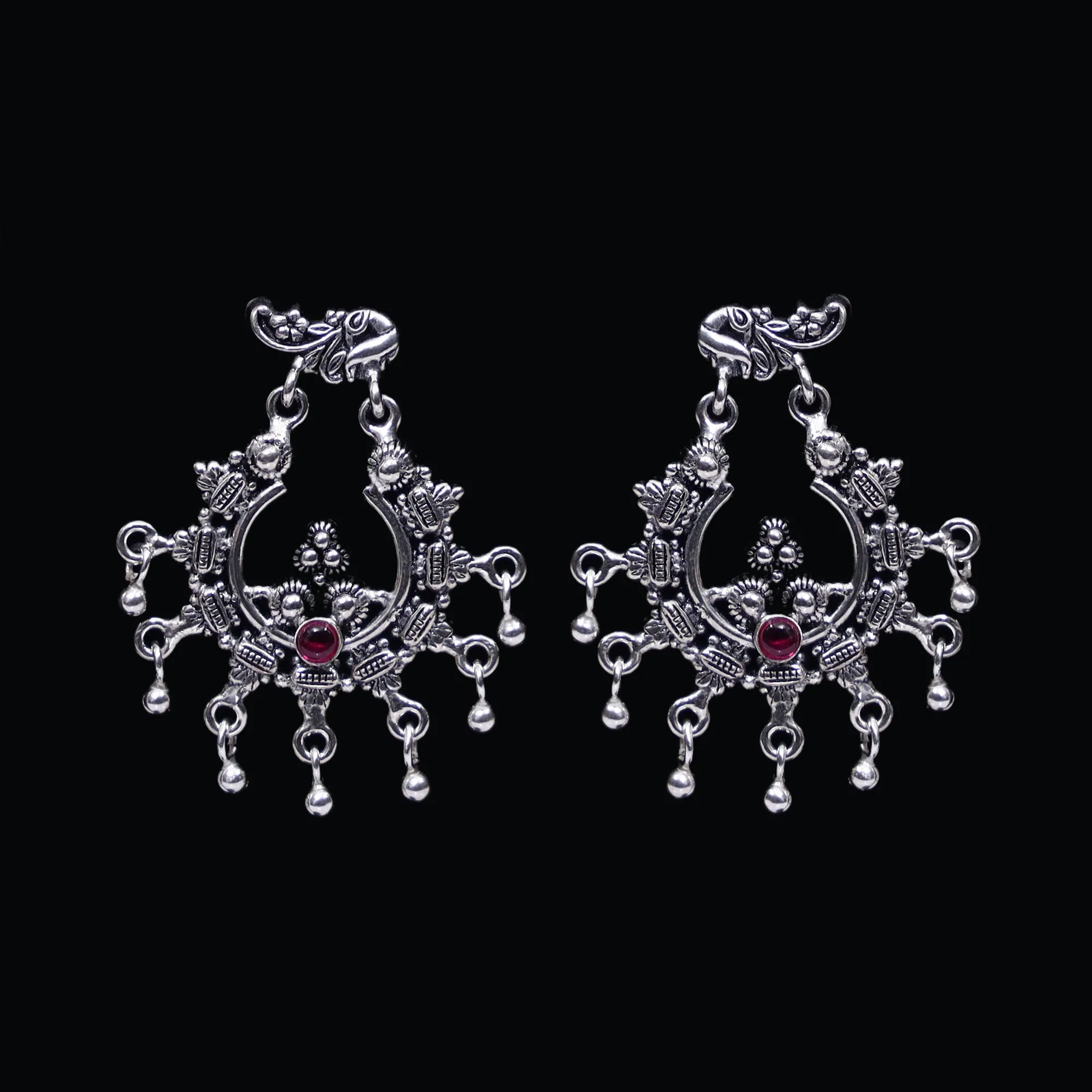 925 Silver Handmade Earring with Ruby Color and Silver Ball Hanging