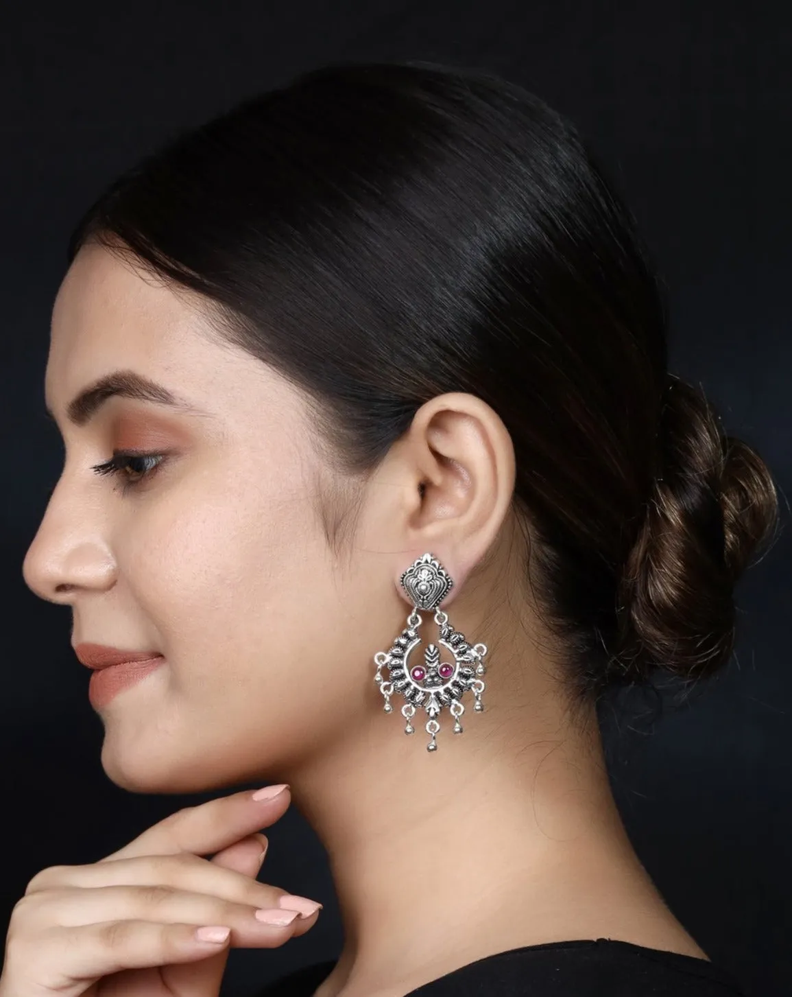 925 Silver Handmade Earring with Ruby Color and Silver Ball Hanging