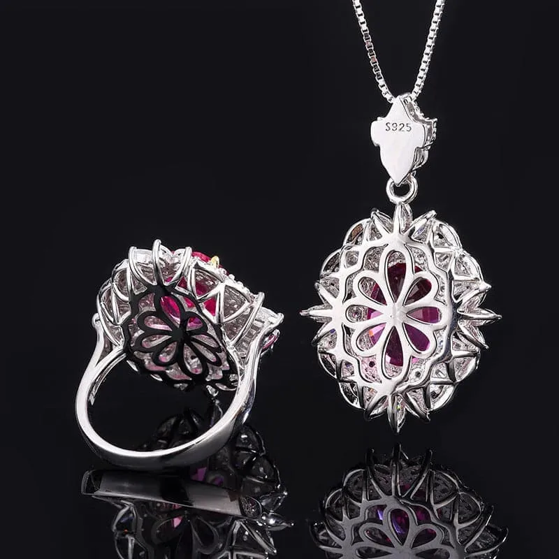 925 Silver Imitation Ruby Vintage Pendant Ring Set MSN110814