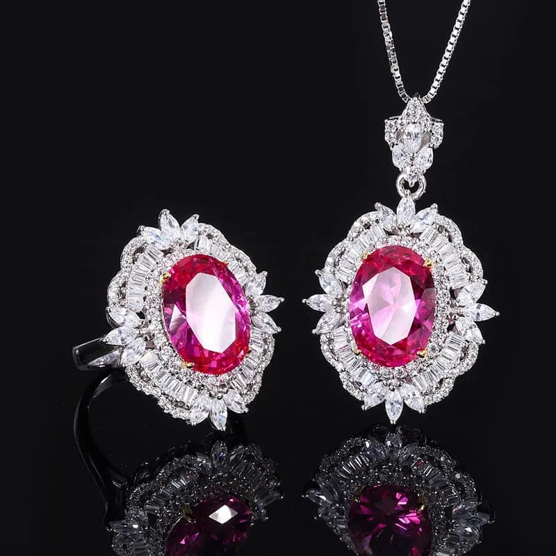 925 Silver Imitation Ruby Vintage Pendant Ring Set MSN110814
