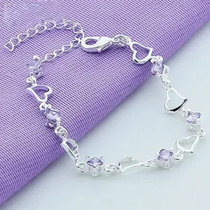 .925 Sterling Silver Heart Purple Zircon Bracelet