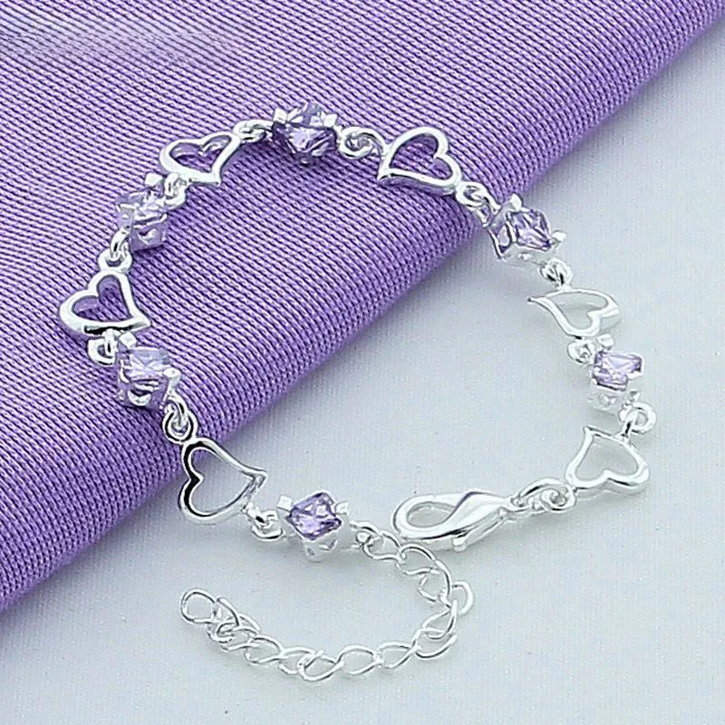 .925 Sterling Silver Heart Purple Zircon Bracelet