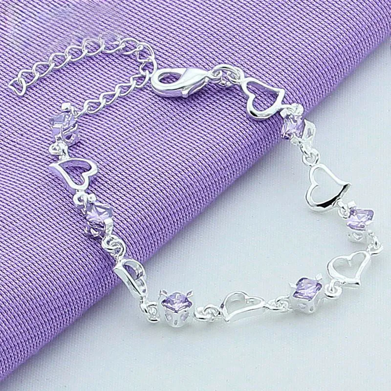 .925 Sterling Silver Heart Purple Zircon Bracelet
