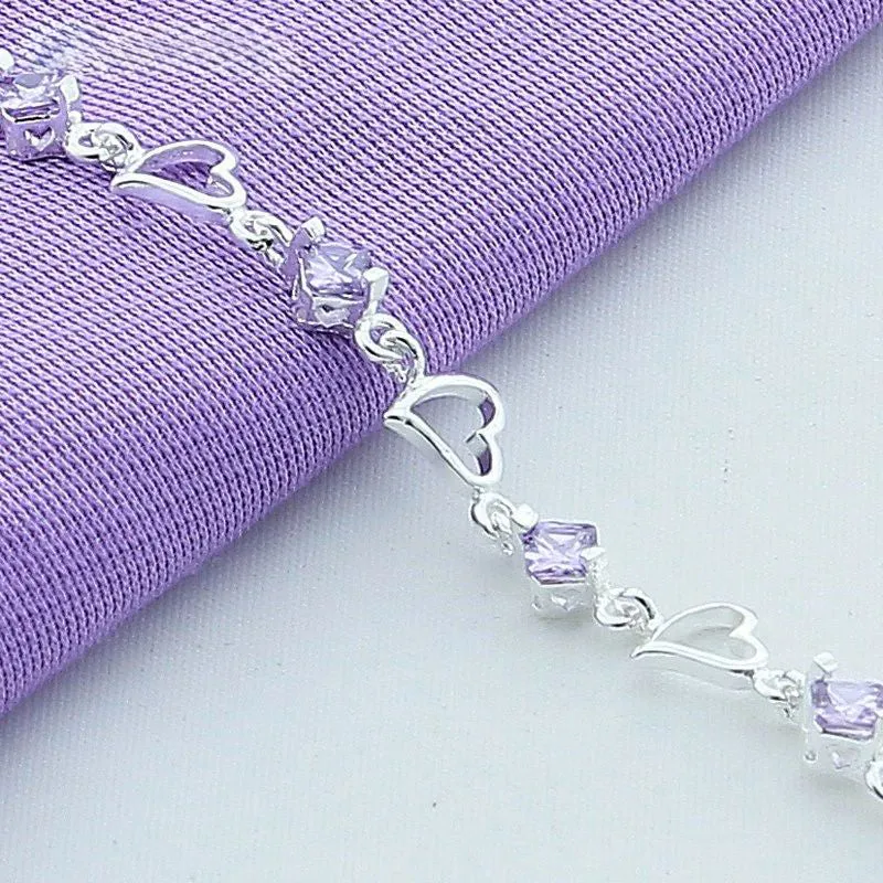 .925 Sterling Silver Heart Purple Zircon Bracelet
