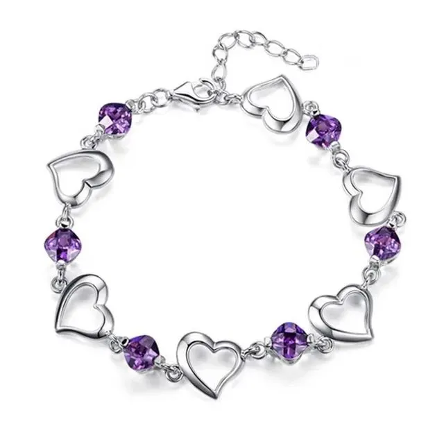 .925 Sterling Silver Heart Purple Zircon Bracelet