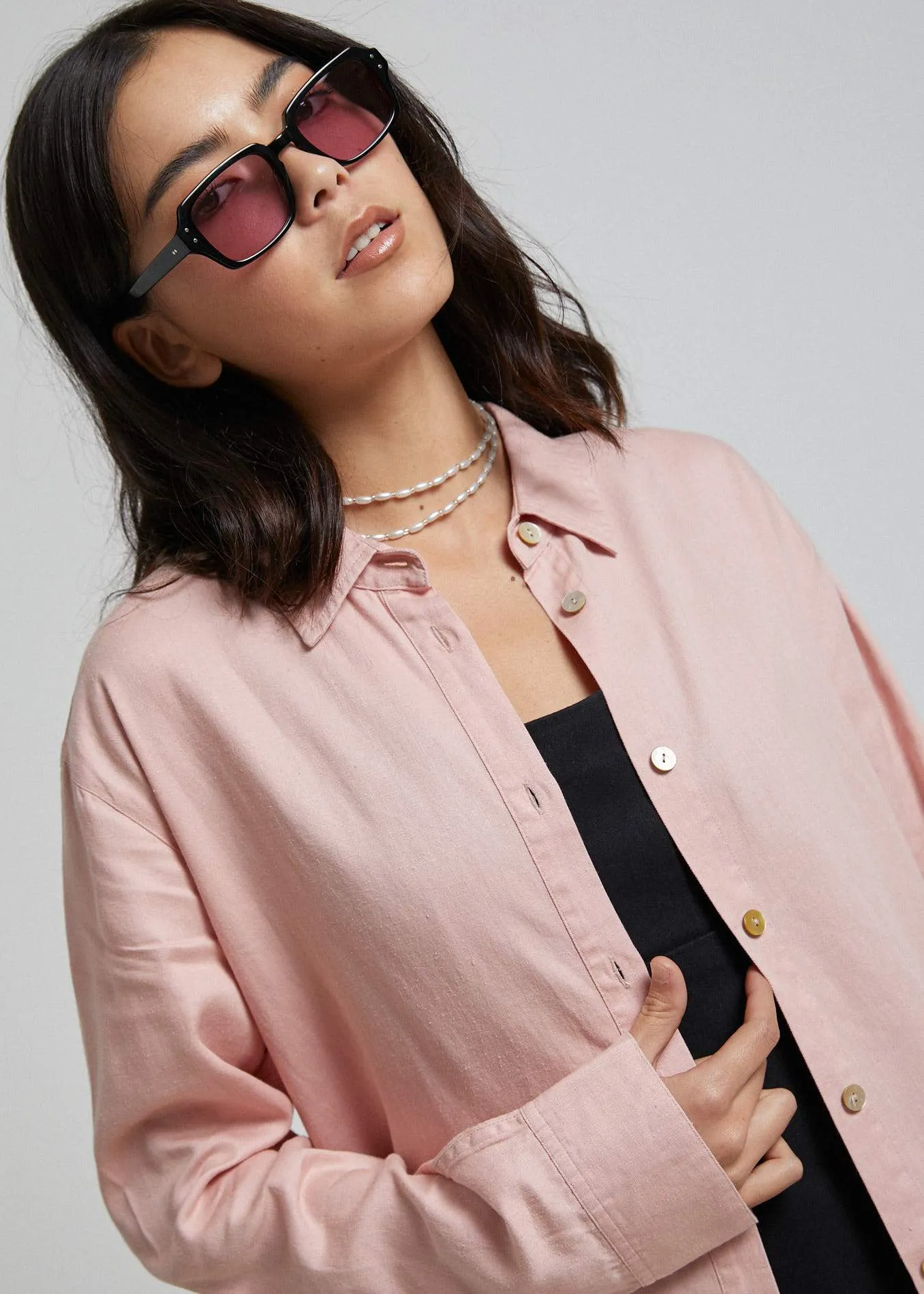 Afends Womens Mia - Hemp Raw Cut Long Sleeve Shirt - Dusty Pink
