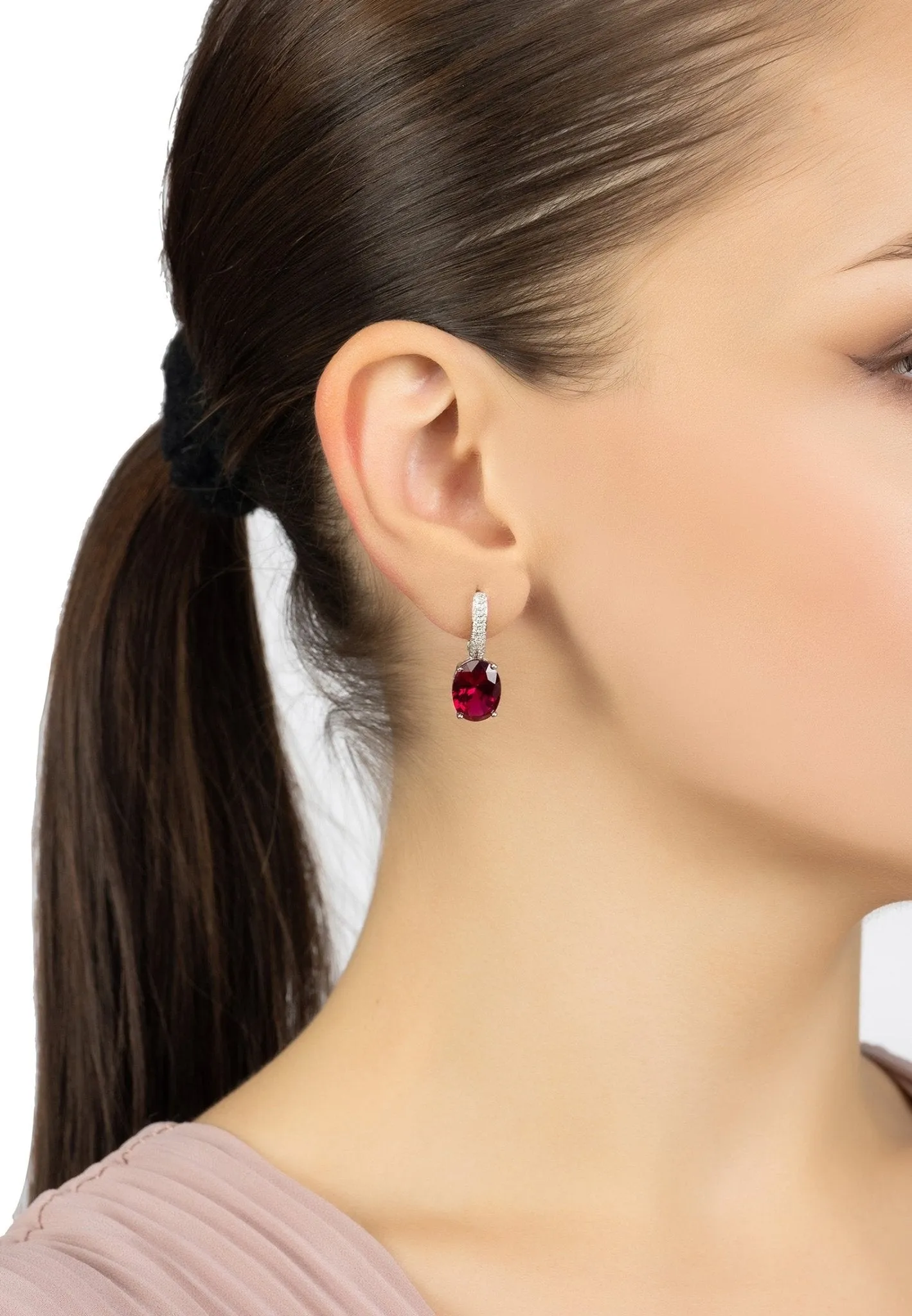 Alexandra Oval Drop Earrings Silver Ruby