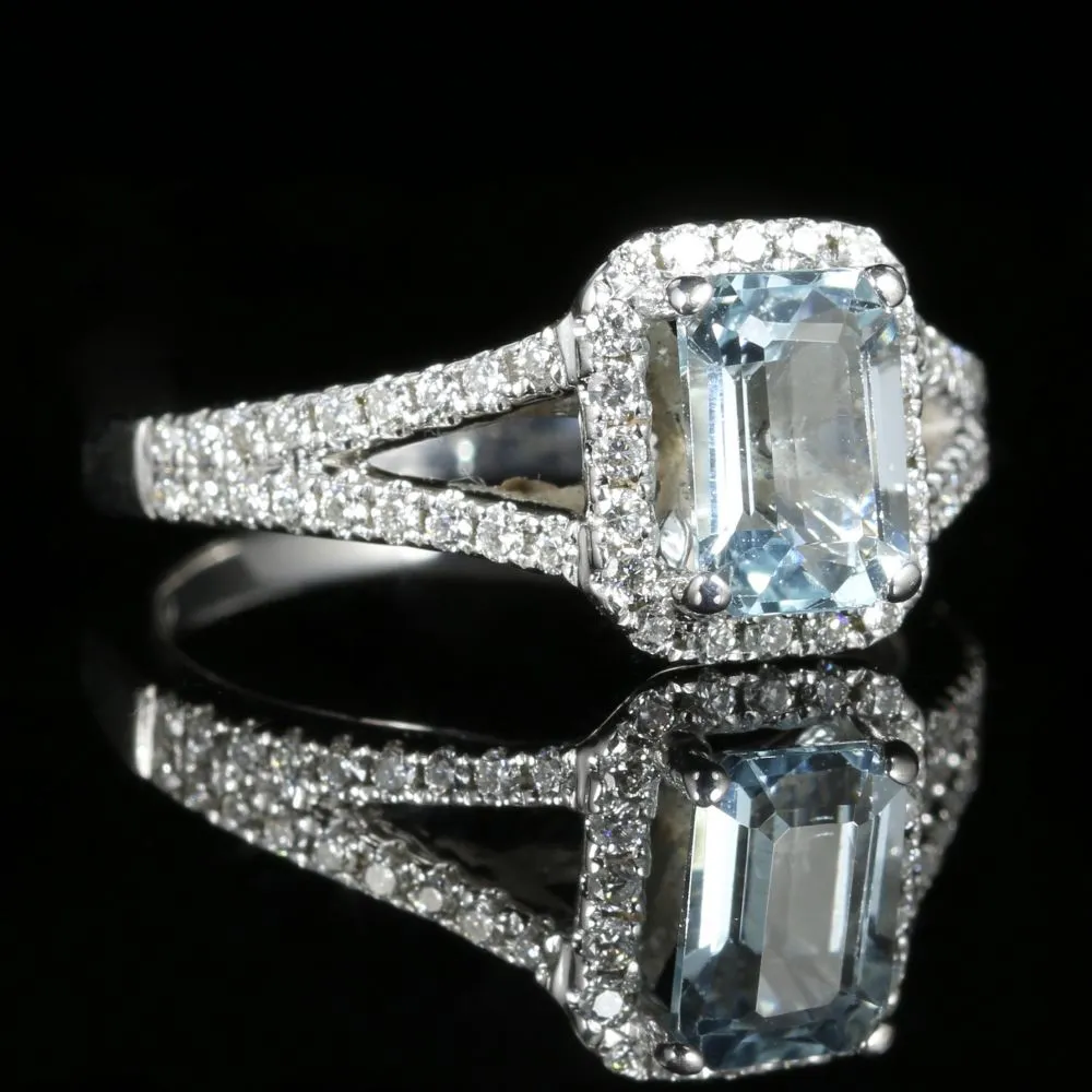 Aquamarine Diamond Engagement Ring 18Ct Gold Emerald Cut Aquamarine