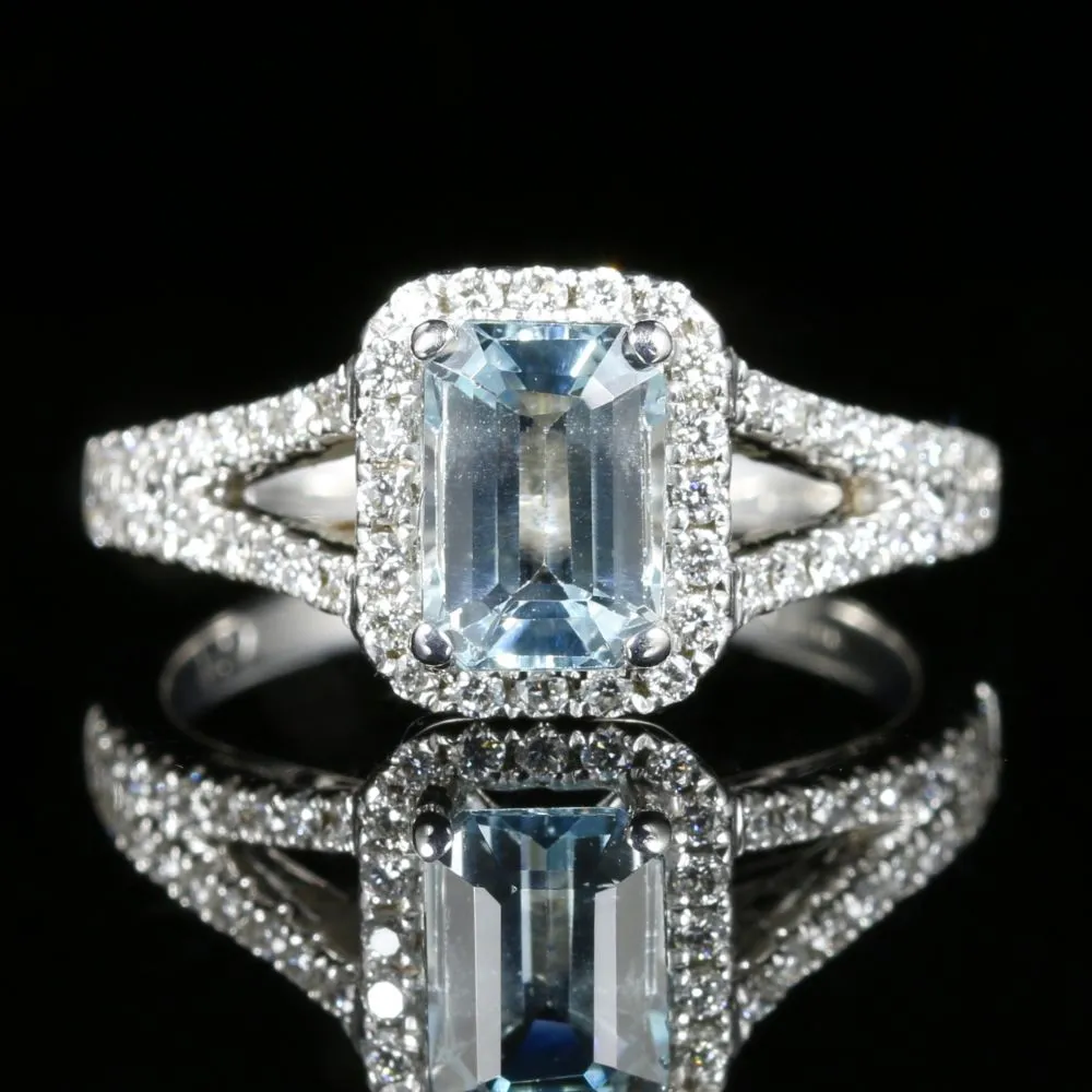 Aquamarine Diamond Engagement Ring 18Ct Gold Emerald Cut Aquamarine