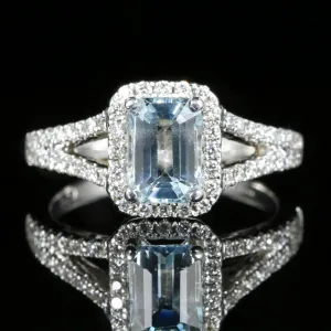 Aquamarine Diamond Engagement Ring 18Ct Gold Emerald Cut Aquamarine