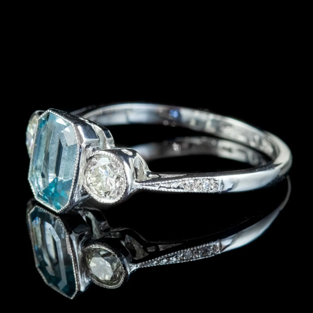Aquamarine Diamond Trilogy Ring Platinum 1.80ct Emerald Cut Aqua 0.60ct Of Diamond