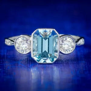 Aquamarine Diamond Trilogy Ring Platinum 1.80ct Emerald Cut Aqua 0.60ct Of Diamond