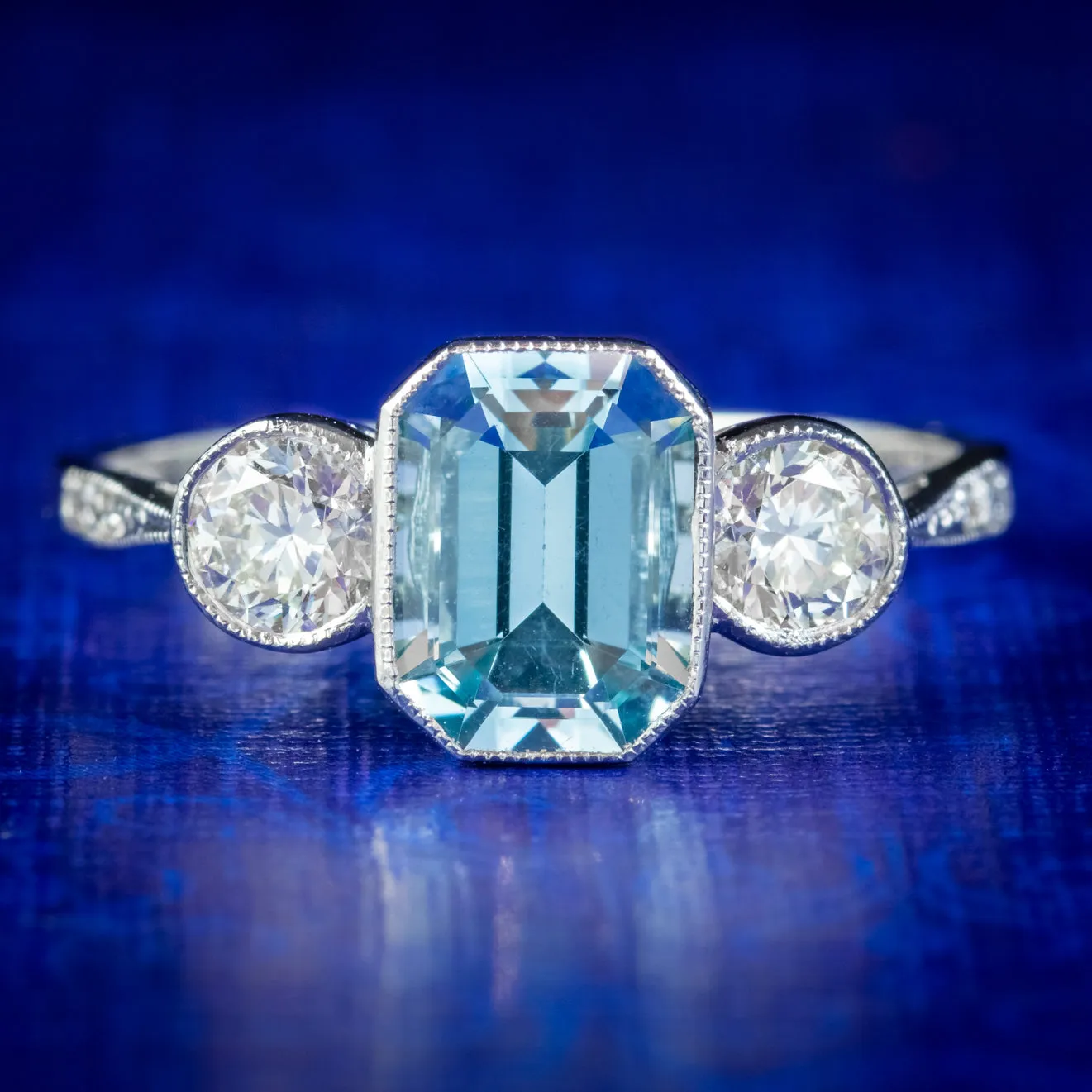 Aquamarine Diamond Trilogy Ring Platinum 1.80ct Emerald Cut Aqua 0.60ct Of Diamond