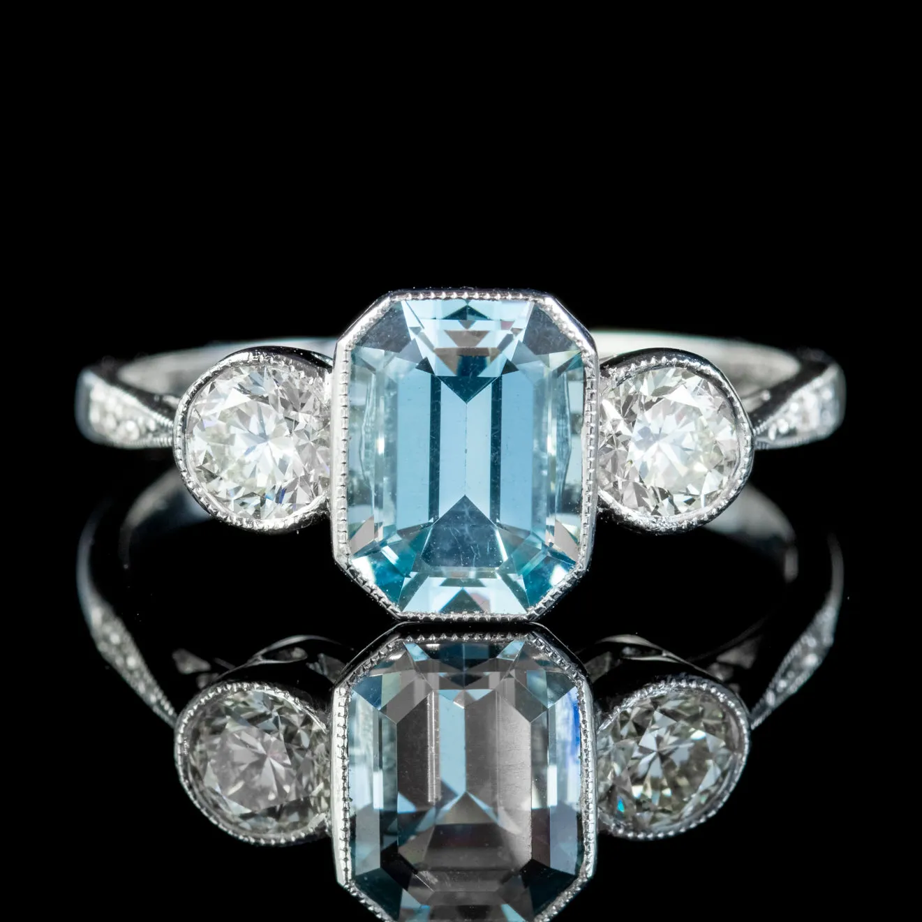 Aquamarine Diamond Trilogy Ring Platinum 1.80ct Emerald Cut Aqua 0.60ct Of Diamond
