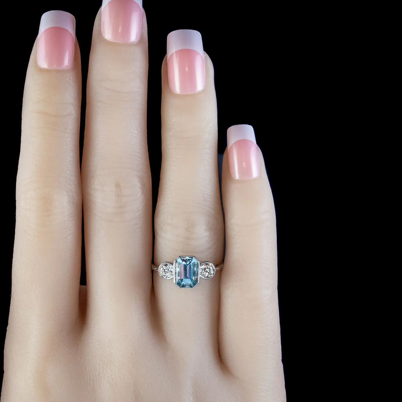 Aquamarine Diamond Trilogy Ring Platinum 1.80ct Emerald Cut Aqua 0.60ct Of Diamond