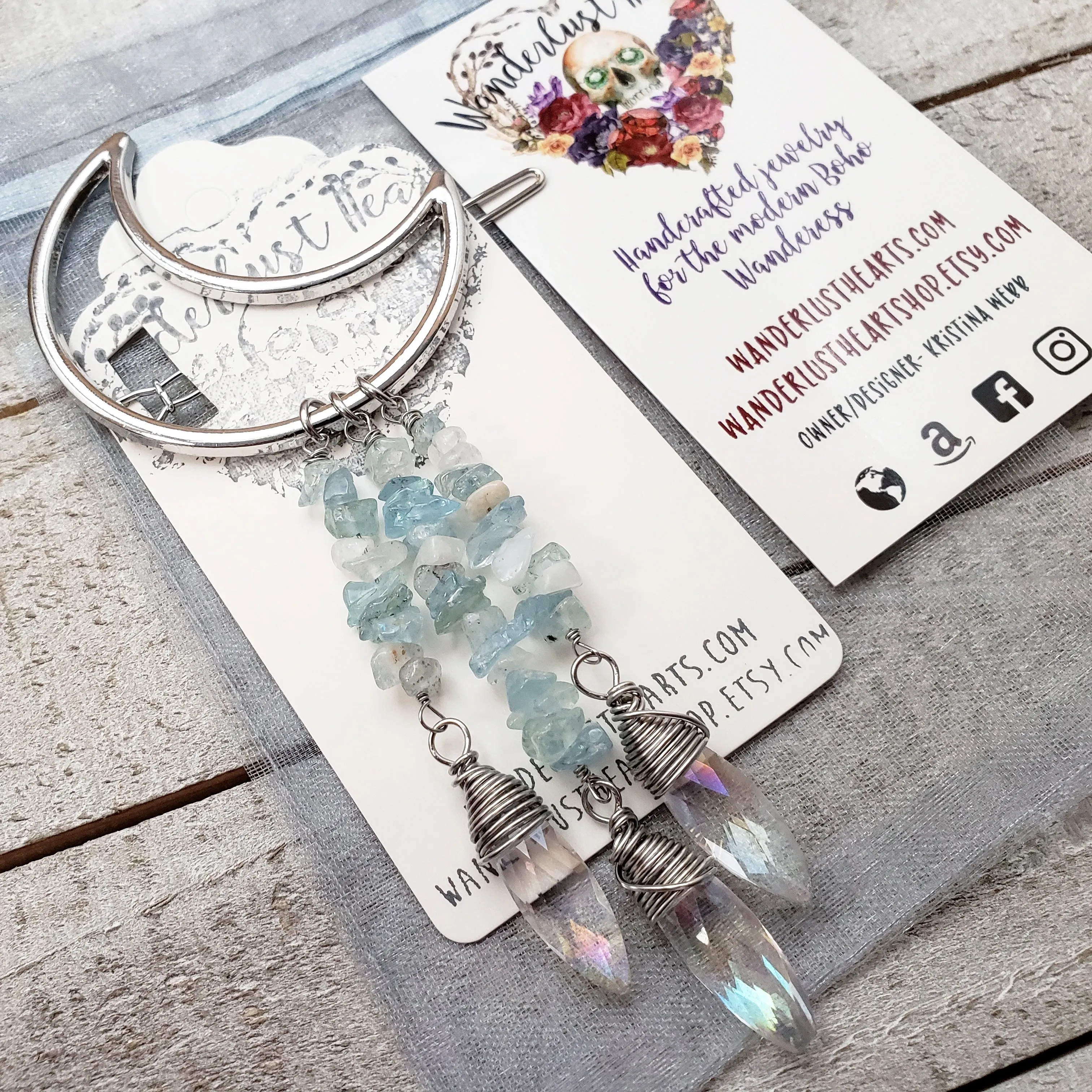 Aquamarine moon hair clip