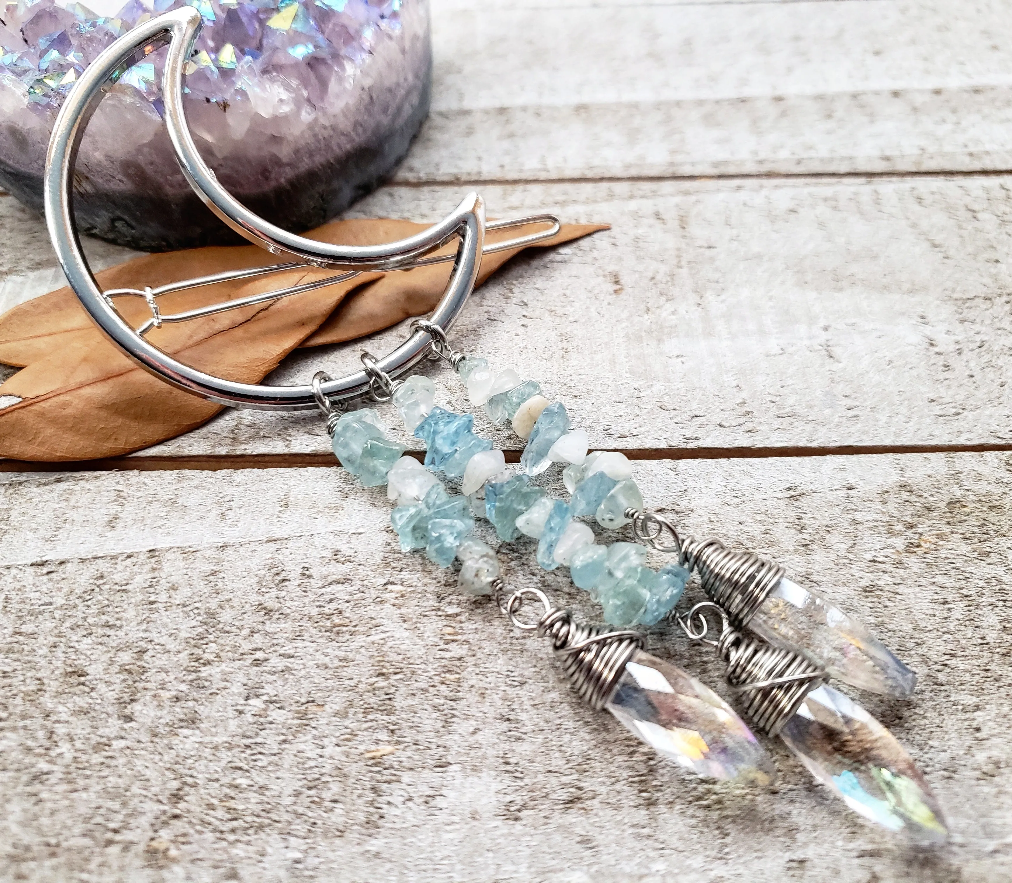 Aquamarine moon hair clip