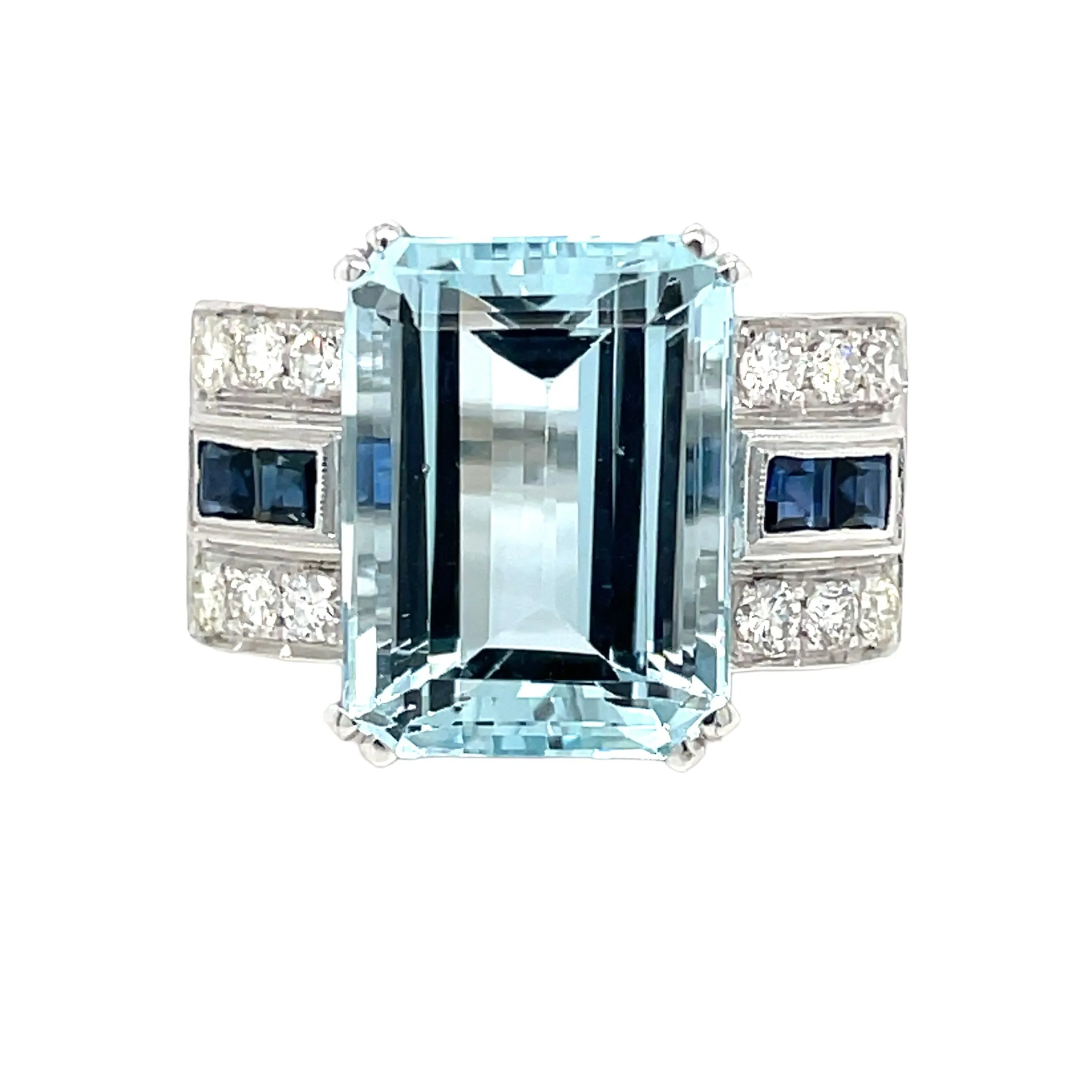 Art Deco 12 Carat Aquamarine Diamond Sapphire Gold Ring