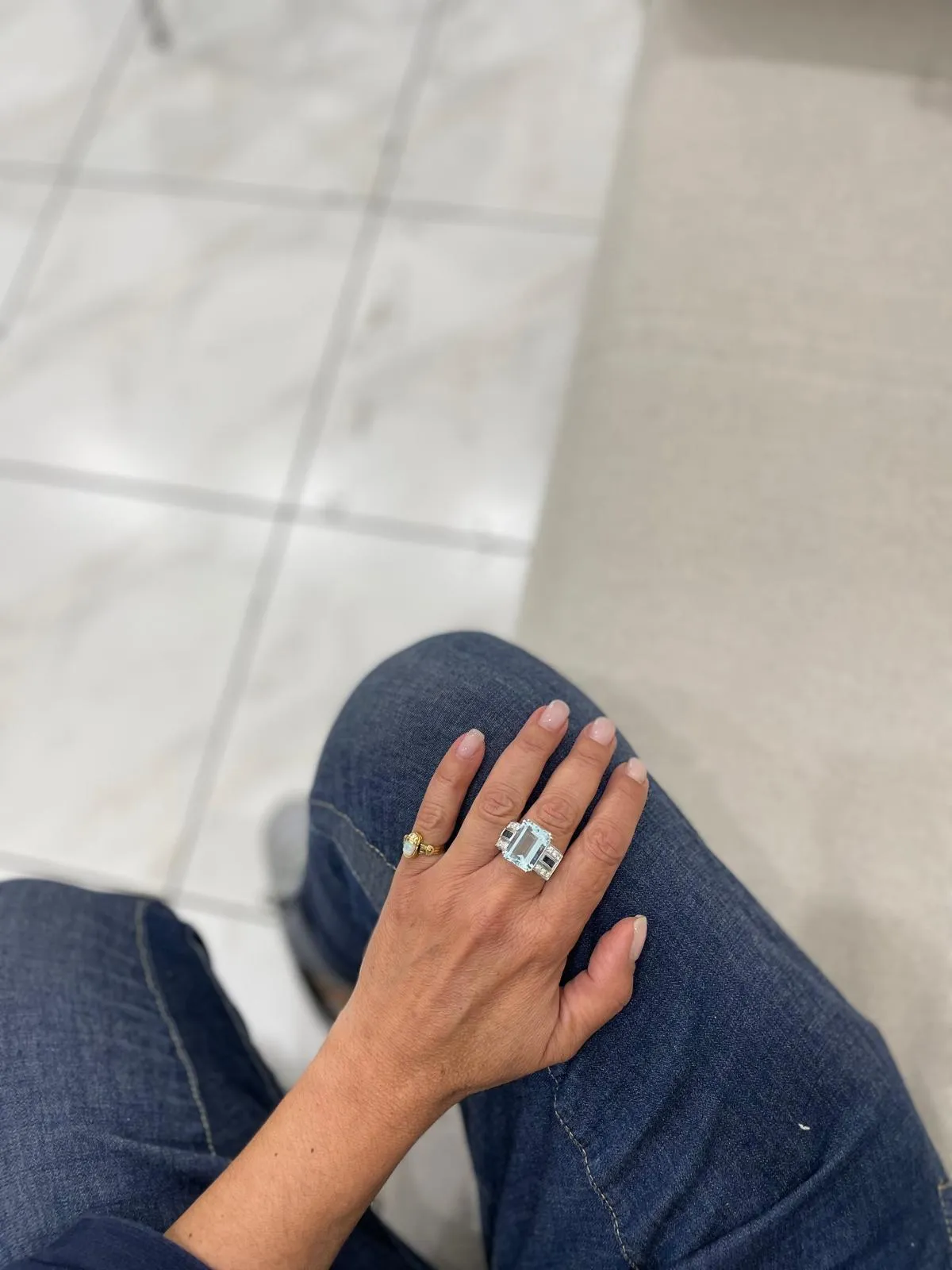 Art Deco 12 Carat Aquamarine Diamond Sapphire Gold Ring