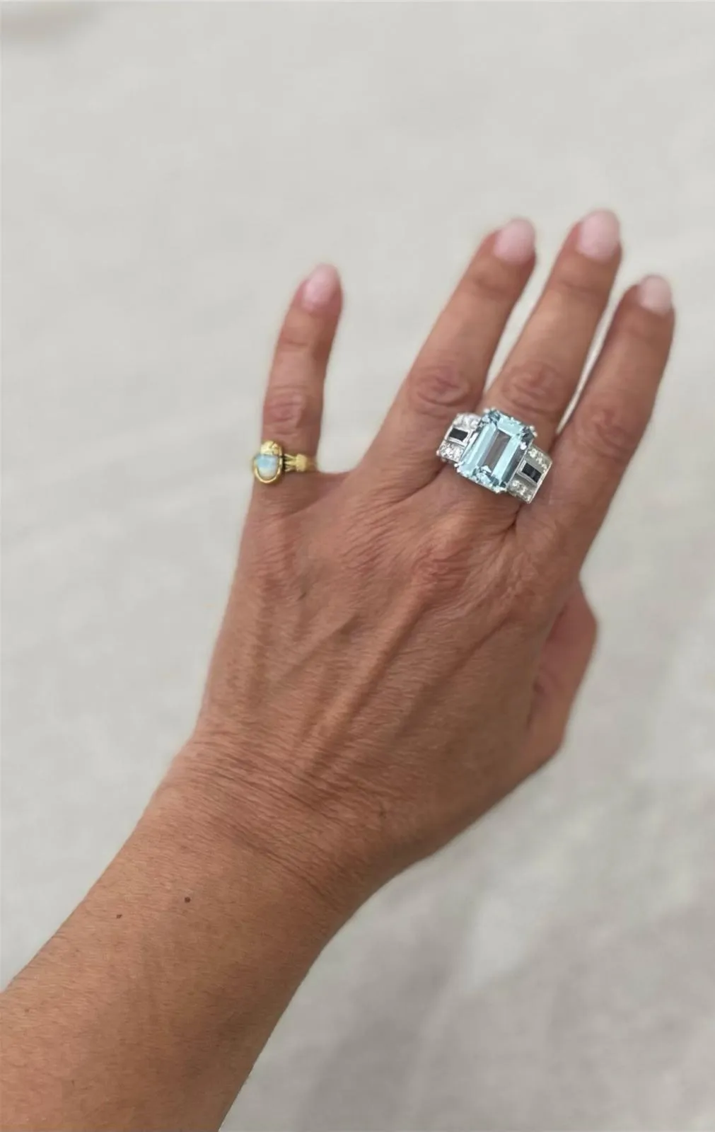 Art Deco 12 Carat Aquamarine Diamond Sapphire Gold Ring